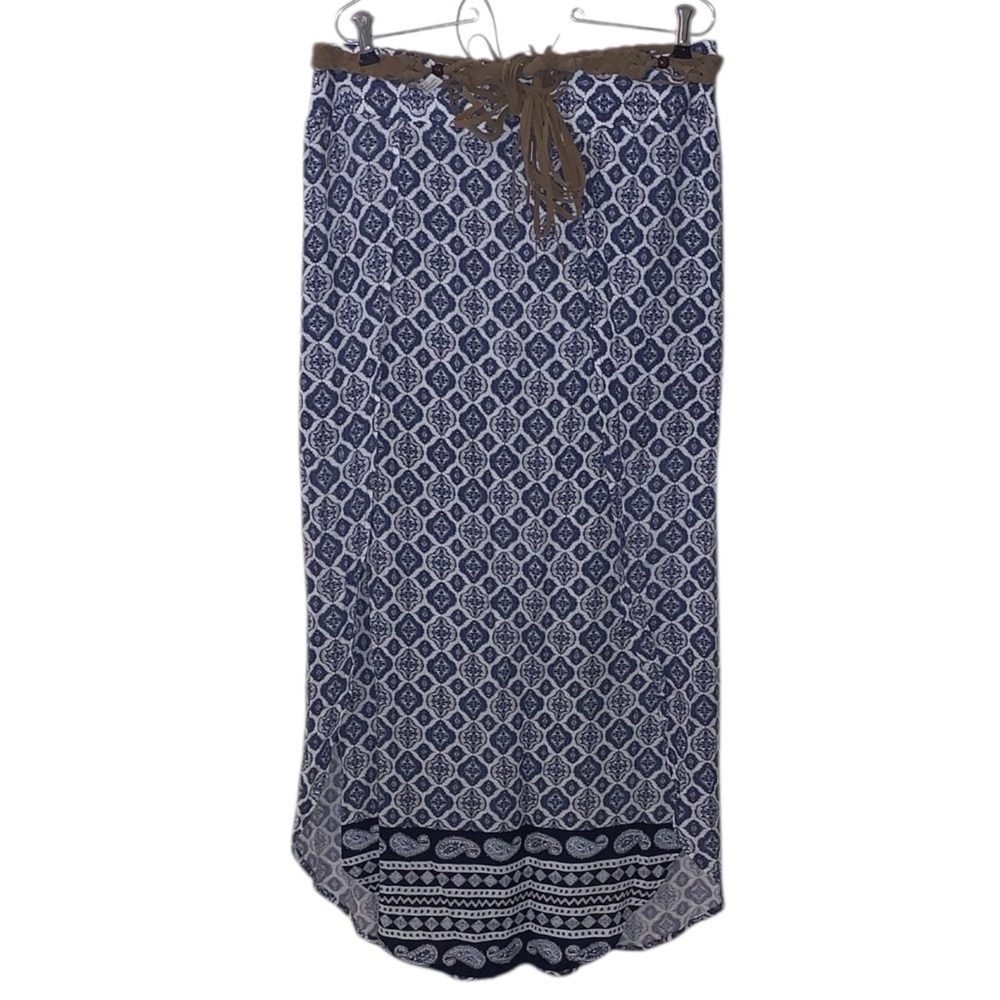 Faded Glory Blue Patterned Women's Maxi Skirt Twisted Faux Leather Belt Flap